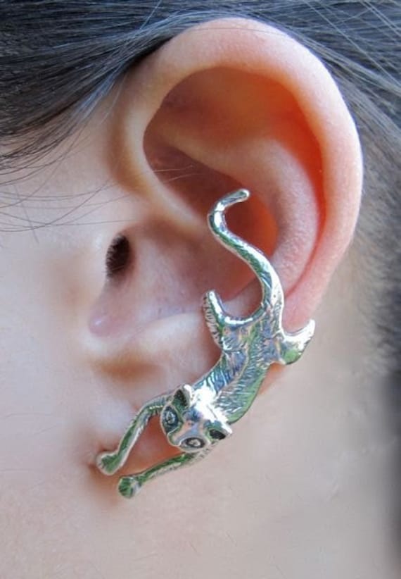 Silber Ohr Manschette Katze Ohrring Schmuck - Krabbelnde Ohrmanschette Kitty Wickeln Nicht Durchbohrte von martymagic