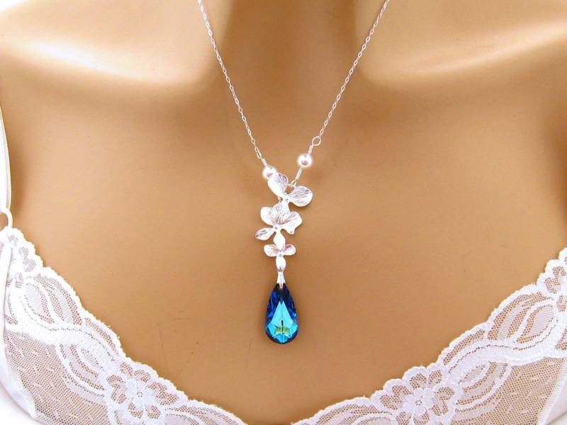 Bermuda Blaue Swarovski Kristall Halskette, Orchidee, Brautjungfern Blaues Schmuck von martywhitedesigns