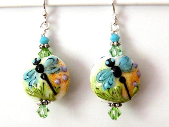 Lampwork Ohrringe, Blaue Libellen Ohrhänger, Sterling Silber Jugendstil Ohrhänger von martywhitedesigns