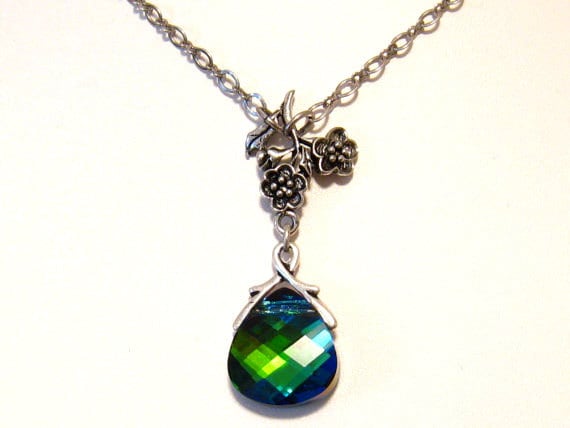 Pfau Hochzeitsschmuck, Blau Grün Kristall Halskette, Jugendstil Blumenzweig Grüne Brautjungfern Prom, Geschenk von martywhitedesigns