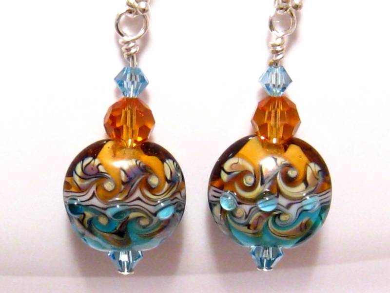 Sonnenuntergang Über Dem Ozean Glasohrringe, Lampwork Ohrringe, Gold Und Blau Strand Blaue Ohrringe von martywhitedesigns