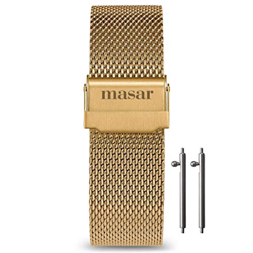 Masar 14 bis 24 mm Universal-Uhrenarmband mit Schnellverschluss Milanese, Mesh – 2 Federstäbe, goldfarben, 22 mm, Armband von masar