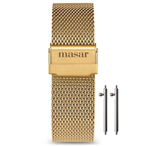 masar 16mm Gold Universal - Premium Schnellverschluss - Milanese Armband, Edelstahl, für Herren, Damen - Uhrenarmband Mesh, Watch, Milanaise, Quick von masar