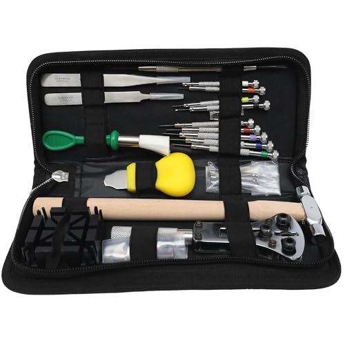 masar 19-teiliges Werkzeugset – Uhrmacher – Uhren, Armbänder – 1 Gehäuseöffner – Set 9 Schraubendreher für Uhren mit Ersatzklingen – 1 Messer – 1 Stiftetreiber, 15 Stück, Klassisch von masar