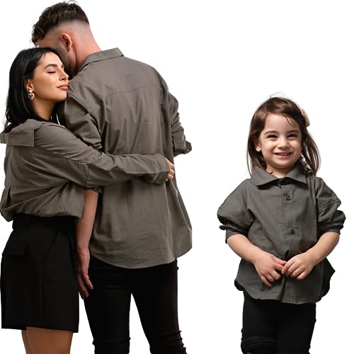 massenzo Kinder Party Hemd Freizeit Hemd/Partnerlook/Mutter Tochter/Vater Sohn Partnerlook/Bluse für Mädchen/Mädchen Jungen Oberteile (Kinder Oversize Unisex 2-3 Years, Khaki Olivgrün) von massenzo