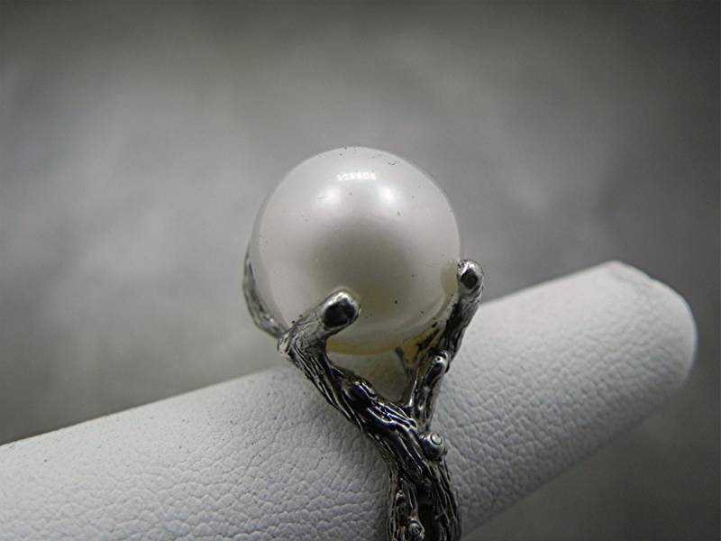 13 Mm Weiße Zuchtperle 14K Weißgold Zweigring 15, 99 Karat Handgeschnitzte Spannfassung von mastergoldcraft