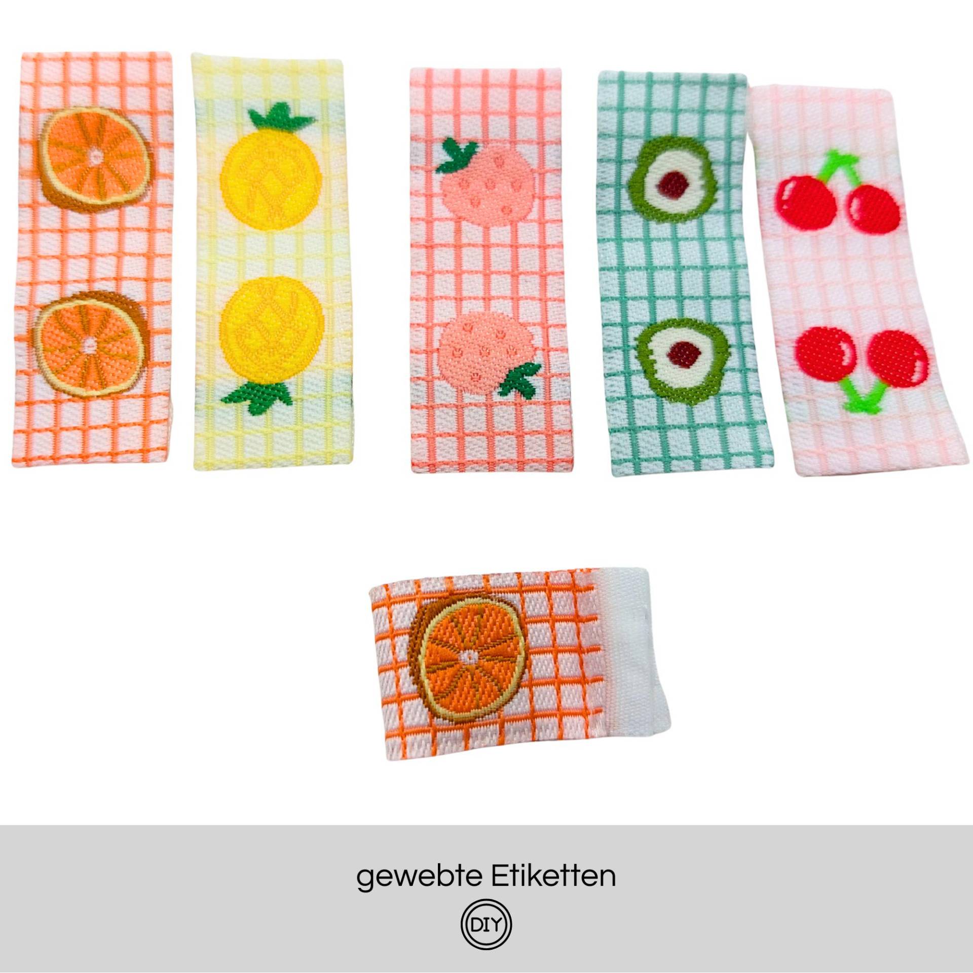 Gewebtes Etikett Früchte 15x20mm Stoffetiketten Erdbeere Orange Kirschen Ananas Diy von material4DIY
