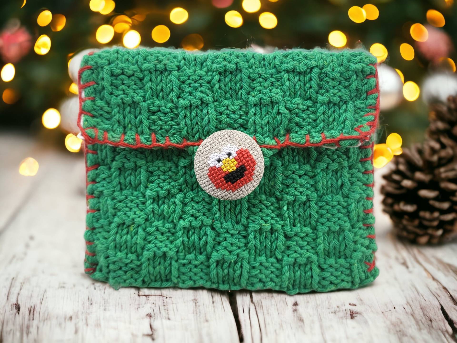 Retro Gehäkelte Geldbörse Mit Kreuzstich Elmo Knopf, Geschenk Für Sesamstraße Fan Freund, Gestrickte Geldtasche 80Er Jahre Kinder, Gestrickter von luzatolye