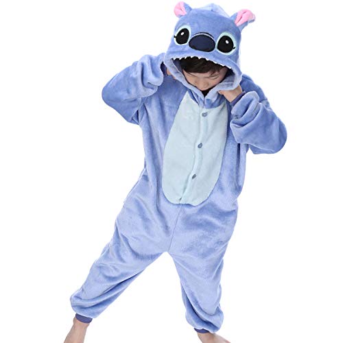 mauea Tier-Pyjama-Set für Kinder, Unisex, Overall, Cosplay, Verkleidung, warm, Kostüm, Abend, Halloween, Blau Stitch, Hauteur 130-140cm von mauea