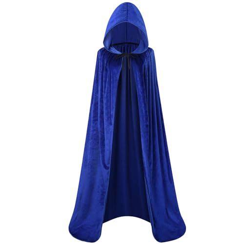 Samt Kapuzenumhang für Erwachsene, Unisex Umhang mit Kapuze für Halloween Weihnachten Verkleidung Kostüm (170cm, Blau) von maxToonrain