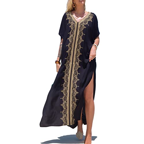 maxToonrain Strandkleid für Damen, Sommer, Maxi, volle Länge, Strandmode, locker, lässig, Kaftans, Vertuschung für Damen, C01, schwarz, One size von maxToonrain