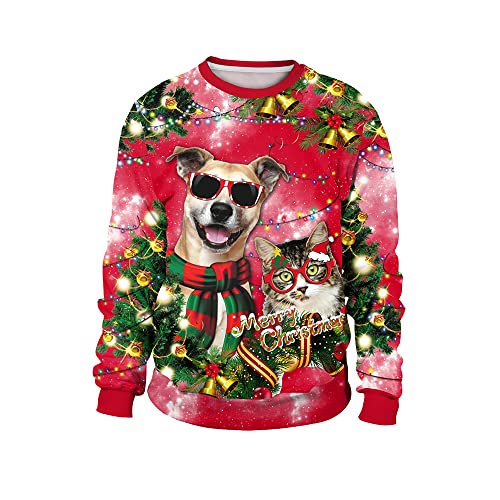 maxToonrain Weihnachtspullover, langärmelig, lässig, 3D-Druck, Dinosaurier-Sweatshirts für Jugendliche, Jungen, Mädchen, Herren, Damen, Roter Hund, XXL von maxToonrain
