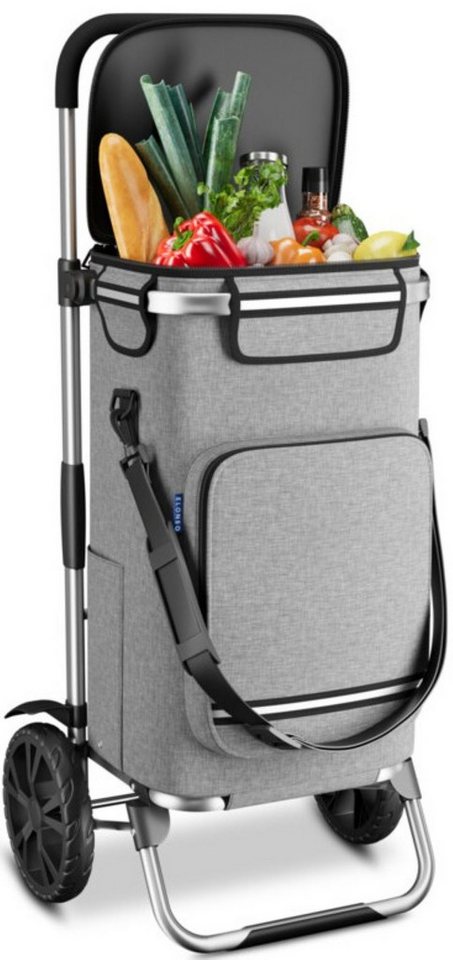 ELONEO Einkaufstrolley praktisch faltbar und extrem leicht – nur 2,3 kg, 43 l, separate Kühltasche & Spanngurt für schwere Getränkekisten von ELONEO