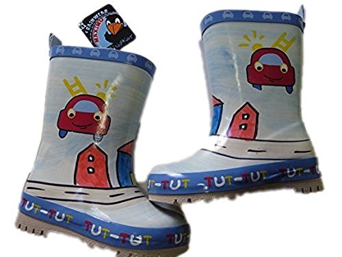 MaxiMo Kindergummistiefel, Babygummistiefel, Naturgummi mit 40% Cottonfutter, hellblau/rot mit Motiv "Feuerwehr", handbemalt jeder Stiefel ein Unikat (30) von maximo