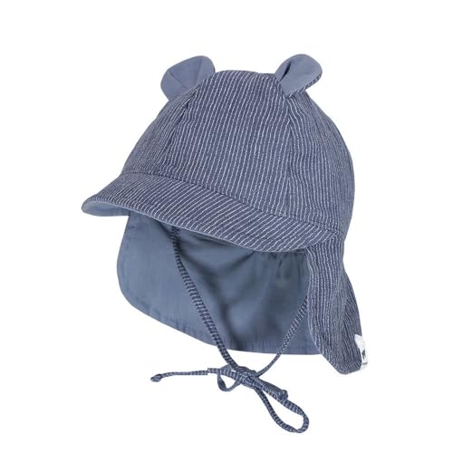 maximo GOTS Baby-Schildmütze, Öhrchen Musselinstoff, Nackenschutz, Bindeband 47 altindigo-weiß-Streifen von maximo