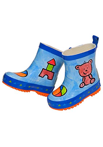 maximo Kindergummistiefel, Babygummistiefel, Naturgummi, Winterfutter mit kurzem Schaft, blau mit Motiv Teddy, handbemalt, jeder Stiefel EIN Unikat (19 EU) von maximo