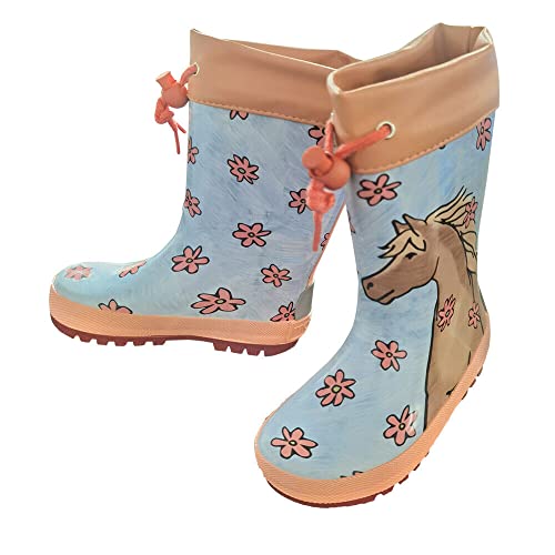 maximo Mädchen, Baby-und Kindergummistiefel, Regenstiefel, hellblau, Pferd+Blume, Jerseyfutter, Reflex 3M, Stulpe, Naturgummi (eu_footwear_size_system, toddler, numeric, medium, numeric_27) von maximo