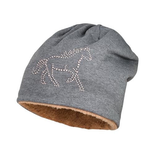 maximo MINI-Girl Beanie für Mädchen, Herbst-und Wintermütze mit Pferde Deko, Jersey Graumeliert mit Teddy Futter, Made in Germany, Gr. 55 von maximo