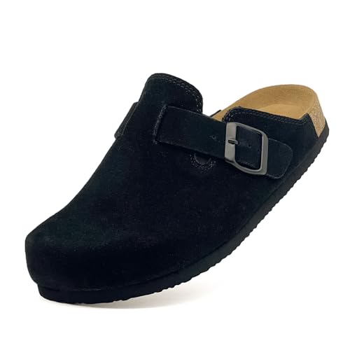maxvinci Clogs Damen Wildleder Kork Fußbett Pantoletten Hausschuhe Sommer Sandalen rutschfest Gartenschuhe mit Arch Support und Verstellbare Schnalle(Black 274) von maxvinci