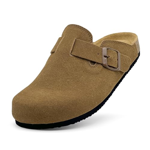 maxvinci Clogs Damen Wildleder Kork Fußbett Pantoletten Hausschuhe Sommer Sandalen rutschfest Gartenschuhe mit Arch Support und Verstellbare Schnalle(Brown 247) von maxvinci