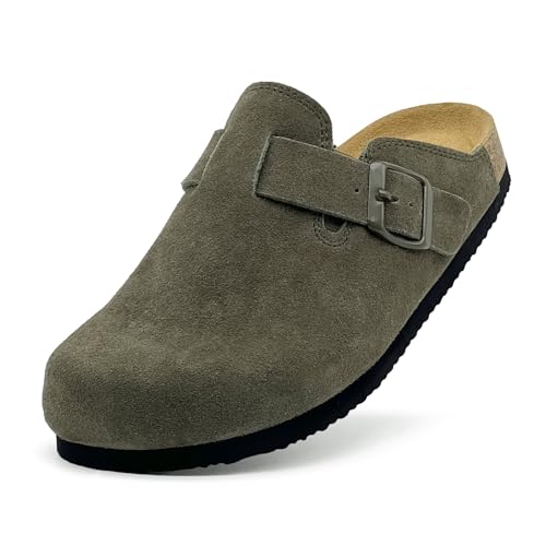 maxvinci Clogs Damen Wildleder Kork Fußbett Pantoletten Hausschuhe Sommer Sandalen rutschfest Gartenschuhe mit Arch Support und Verstellbare Schnalle(Green 261) von maxvinci