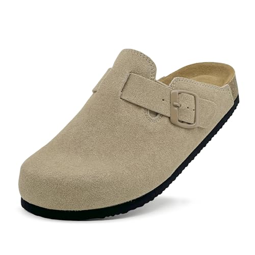 maxvinci Clogs Damen Wildleder Kork Fußbett Pantoletten Hausschuhe Sommer Sandalen rutschfest Gartenschuhe mit Arch Support und Verstellbare Schnalle(Khaki 234) von maxvinci