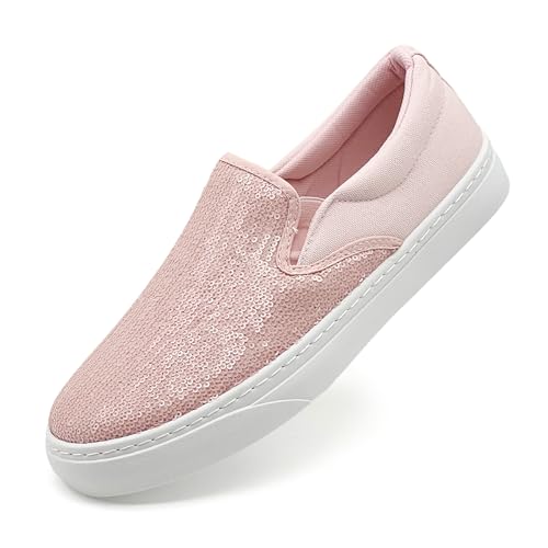 maxvinci Damen Glitzer Canvas Sneakers Slip-On Stoffschuhe Pailletten Segelschuhe Atmungsaktiv Flache Loafer Walkingschuhe(Pink 253) von maxvinci