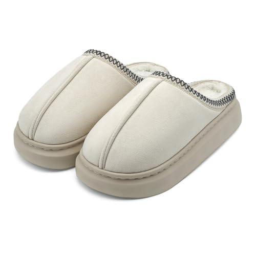 maxvinci Hausschuhe Damen Plateau Pantoffeln Winter Warme Gefüttert Plüsch Hausschuhe Memory Foam Rutschfest Flauschige Hausschuhe(Beige 240) von maxvinci