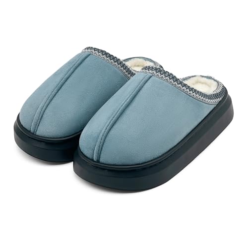 maxvinci Hausschuhe Damen Plateau Pantoffeln Winter Warme Gefüttert Plüsch Hausschuhe Memory Foam Rutschfest Flauschige Hausschuhe(Blue 260) von maxvinci