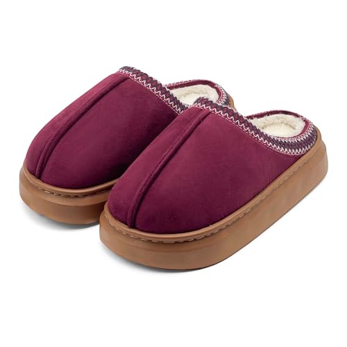 maxvinci Hausschuhe Damen Plateau Pantoffeln Winter Warme Gefüttert Plüsch Hausschuhe Memory Foam Rutschfest Flauschige Hausschuhe(Red 240) von maxvinci