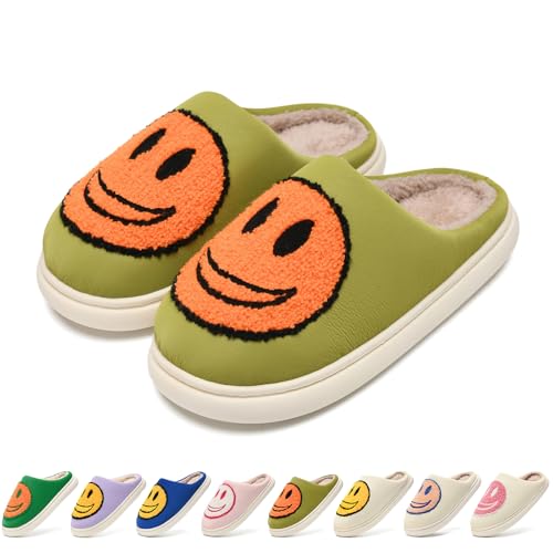 maxvinci Hausschuhe mit Fröhliches Gesicht Damen Herren Plüsch Warme Winter Hausschuhe Leder Ober Retro Smile Weicher Flauschige Pantoffeln (Grass Green Orange 275) von maxvinci