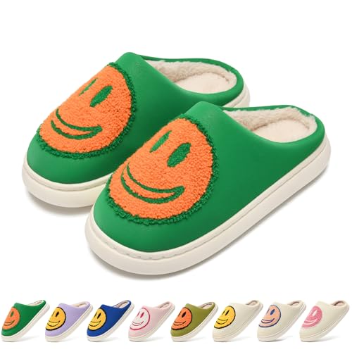 maxvinci Hausschuhe mit Fröhliches Gesicht Damen Herren Plüsch Warme Winter Hausschuhe Leder Ober Retro Smile Weicher Flauschige Pantoffeln (Green Orange 255) von maxvinci