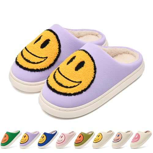 maxvinci Hausschuhe mit Fröhliches Gesicht Damen Herren Plüsch Warme Winter Hausschuhe Leder Ober Retro Smile Weicher Flauschige Pantoffeln (Purple Yellow 255) von maxvinci