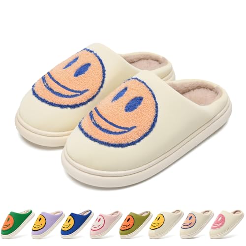 maxvinci Hausschuhe mit Fröhliches Gesicht Damen Herren Plüsch Warme Winter Hausschuhe Leder Ober Retro Smile Weicher Flauschige Pantoffeln (White Yellow Blue 255) von maxvinci
