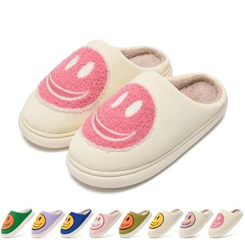 maxvinci Hausschuhe mit Fröhliches Gesicht Damen Herren Plüsch Warme Winter Hausschuhe Leder Ober Retro Smile Weicher Flauschige Pantoffeln (White Pink 245) von maxvinci