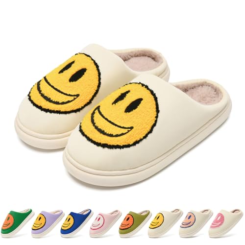 maxvinci Hausschuhe mit Fröhliches Gesicht Damen Herren Plüsch Warme Winter Hausschuhe Leder Ober Retro Smile Weicher Flauschige Pantoffeln (White Yellow 275) von maxvinci