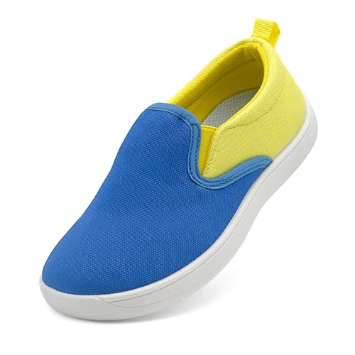 maxvinci Kinder Canvas Sneaker Mädchen Jungen Barfußschuhe Slip On Turnschuhe Breite Zehenbox Sportschuhe Rutschfes Walking Schuhe Leicht Segeltuchschuhe(Blue Yellow 213) von maxvinci