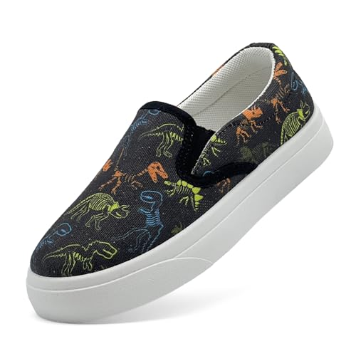 maxvinci Kinder Slip On Canvas Sneaker Mädchen Jungen Segeltuchschuhe Turnschuhe Rutschfes Leicht Sportschuhe mit Cartoon Muster Druck(Black 193) von maxvinci