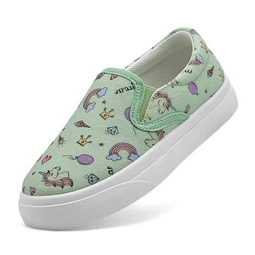 maxvinci Kinder Slip On Canvas Sneaker Mädchen Jungen Segeltuchschuhe Turnschuhe Rutschfes Leicht Sportschuhe mit Cartoon Muster Druck(Green 247) von maxvinci