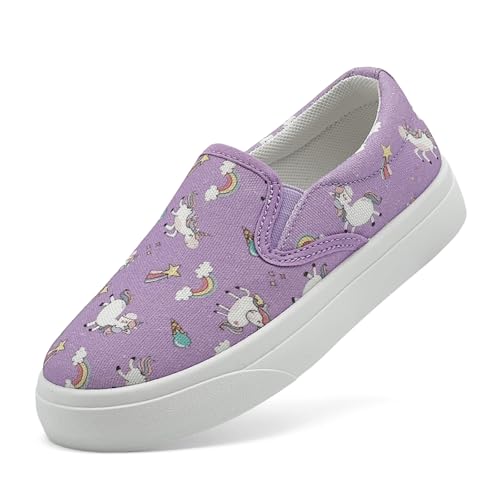 maxvinci Kinder Slip On Canvas Sneaker Mädchen Jungen Segeltuchschuhe Turnschuhe Rutschfes Leicht Sportschuhe mit Cartoon Muster Druck(Purple 200) von maxvinci