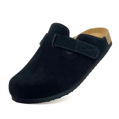 maxvinci Wildleder Clogs für Damen Kork Fußbett Pantoletten Hausschuhe Sommer Sandalen rutschfest Gartenschuhe mit Arch Support und Verstellbarer Riemenverschluß(Black 234) von maxvinci