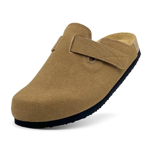 maxvinci Wildleder Clogs für Damen Kork Fußbett Pantoletten Hausschuhe Sommer Sandalen rutschfest Gartenschuhe mit Arch Support und Verstellbarer Riemenverschluß(Brown 247) von maxvinci