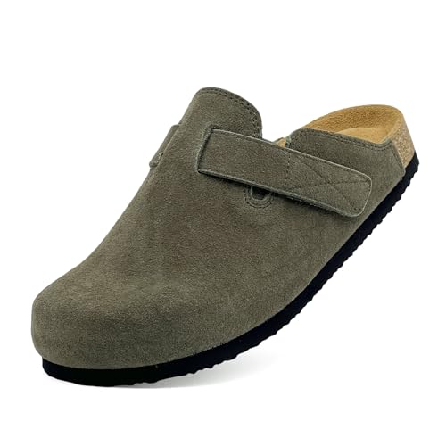 maxvinci Wildleder Clogs für Damen Kork Fußbett Pantoletten Hausschuhe Sommer Sandalen rutschfest Gartenschuhe mit Arch Support und Verstellbarer Riemenverschluß(Green 247) von maxvinci