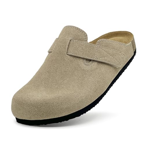 maxvinci Wildleder Clogs für Damen Kork Fußbett Pantoletten Hausschuhe Sommer Sandalen rutschfest Gartenschuhe mit Arch Support und Verstellbarer Riemenverschluß(Khaki 247) von maxvinci