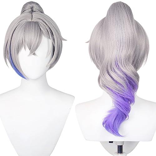 Amine Game Cosplay Perücke Grau mit Lila Highlights, langer gerader Pferdeschwanz, Perücken für Frauen, Halloween, Comic Con, Cosplay Show von maysuwell