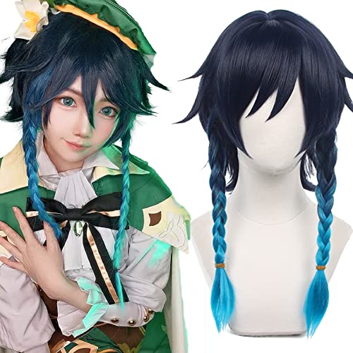 Anime Cosplay Perücke Genshin Impact Perücke Venti Blauer Farbverlauf kurzes Haar mit kostenloser Perückenkappe für Comic Con, Cosplay Show, Halloween von maysuwell