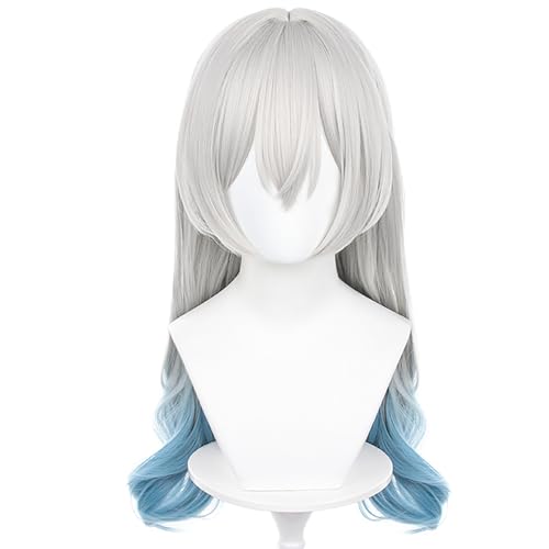 Amine Game Cosplay Perücke Weiß und Blau Lange Wellige Perücke mit Pony für Frauen Halloween, Comic Con, Cosplay Show Perücken von maysuwell
