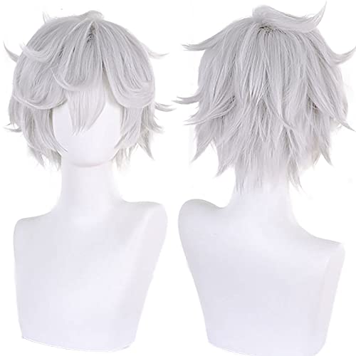 Anime Grau Weiß Cosplay Perücke Rollenkostüm Perücke Kurzes Lockiges Haar für Männer Halloween Party Unisex Erwachsene Anime-Liebhaber von maysuwell