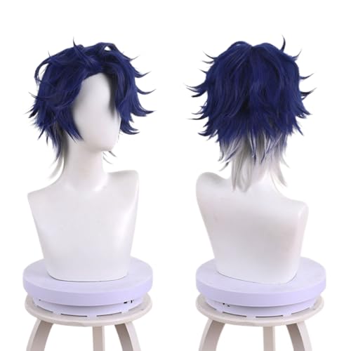 Amine Game Cosplay Perücke Blau Kurzes Lockiges Haar Perücken für Männer Halloween, Comic Con, Cosplay Show Perücken von maysuwell