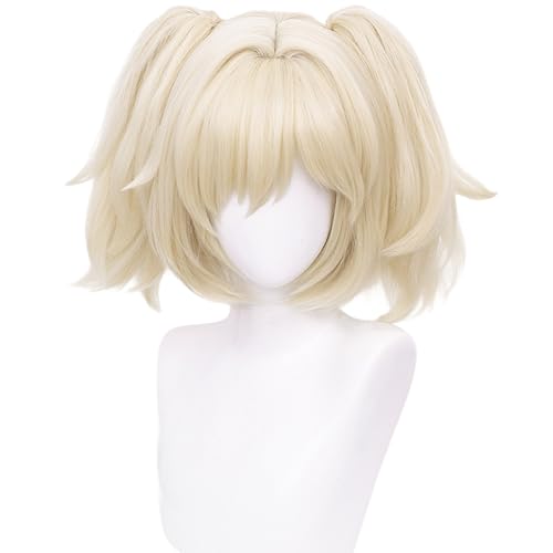 Cosplay Perücke Kurzes Gerades Blondes Haar Kostüm Perücke mit Pony und Pferdeschwanz für Damen Erwachsene Halloween Perücken, Cosplay Con von maysuwell